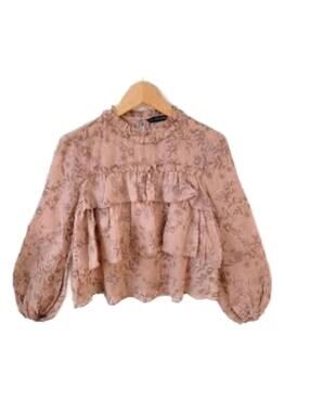 Zara Basic Brown Floral Embroidered Sheer Ruffle Long Sleeve Blouse Size S